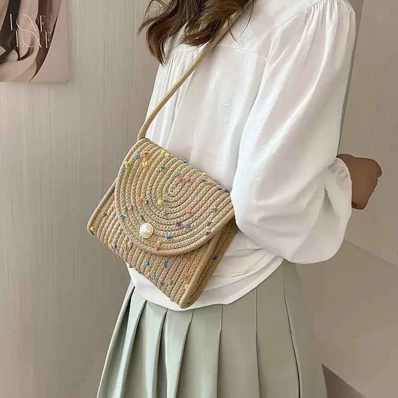 Pearl Button Woven Crossbody Bag