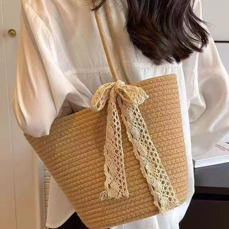 Lace Ribbon Woven Straw Tote Bag