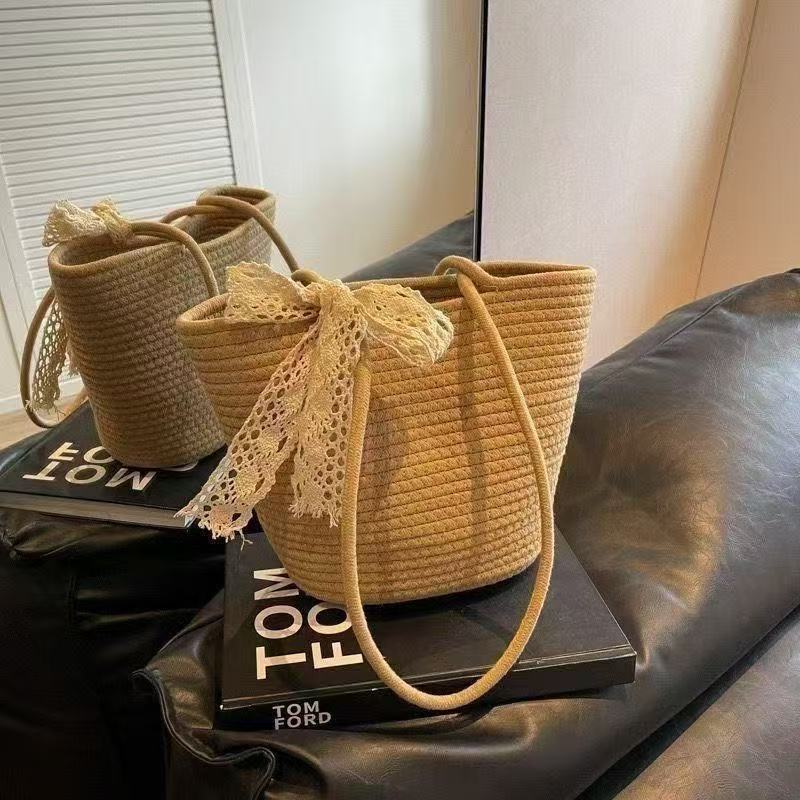 Lace Ribbon Woven Straw Tote Bag