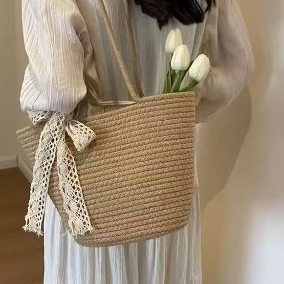 Lace Ribbon Woven Straw Tote Bag