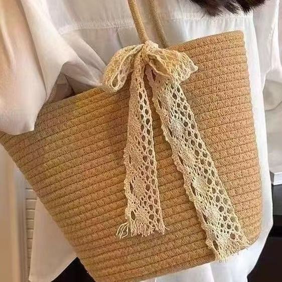 Lace Ribbon Woven Straw Tote Bag