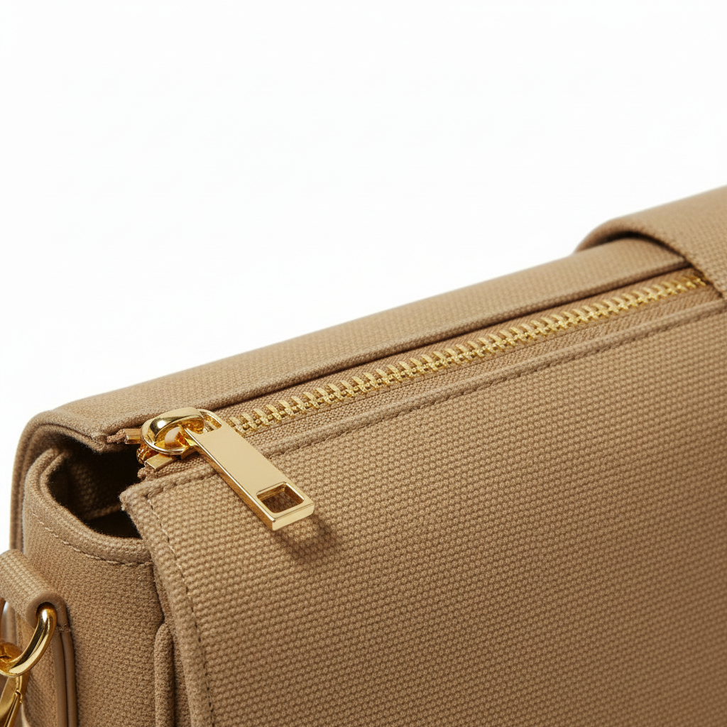 Tan canvas crossbody bag detail shot