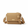 Tan canvas crossbody bag on white background