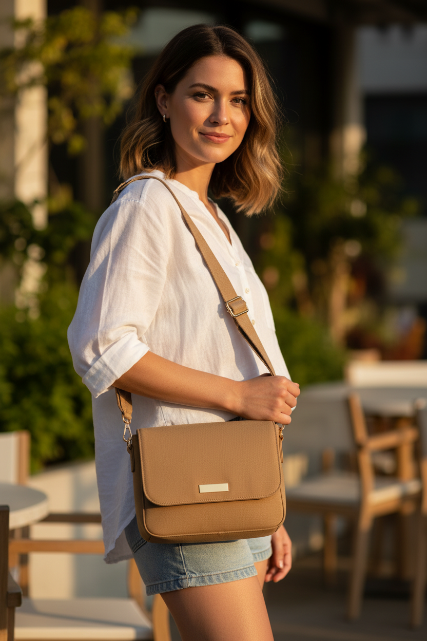 Tan canvas crossbody bag lifestyle shot