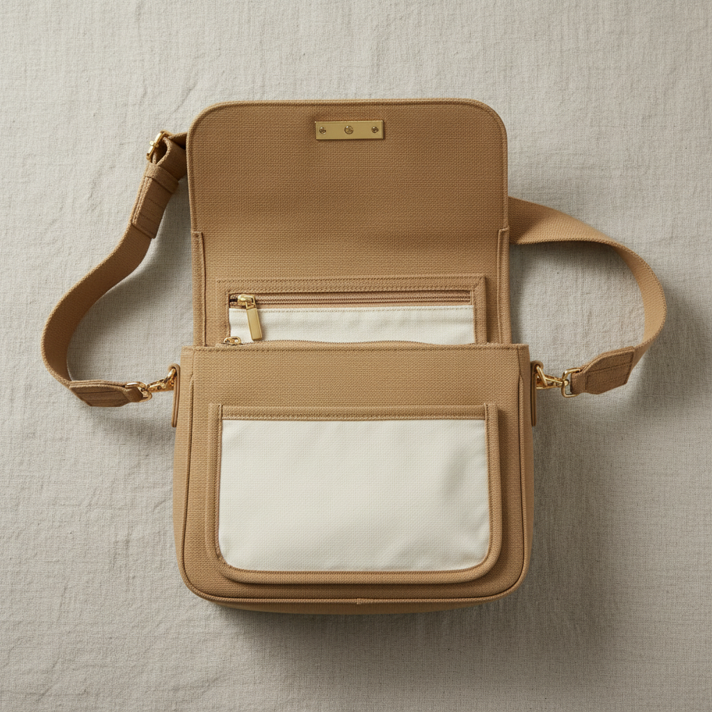Tan canvas crossbody bag interior flat lay